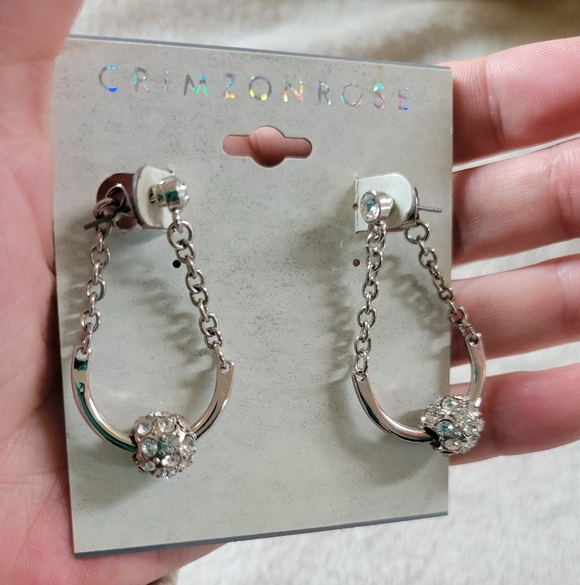 Crimzon Rose | NWT Silver Tone Chain Crystal Ball Swinging Drop Earrings - Picture 3 of 6